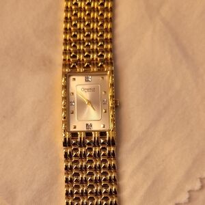 Caravelle BULOVA Gold Rectangular Watch with Crystal Accents